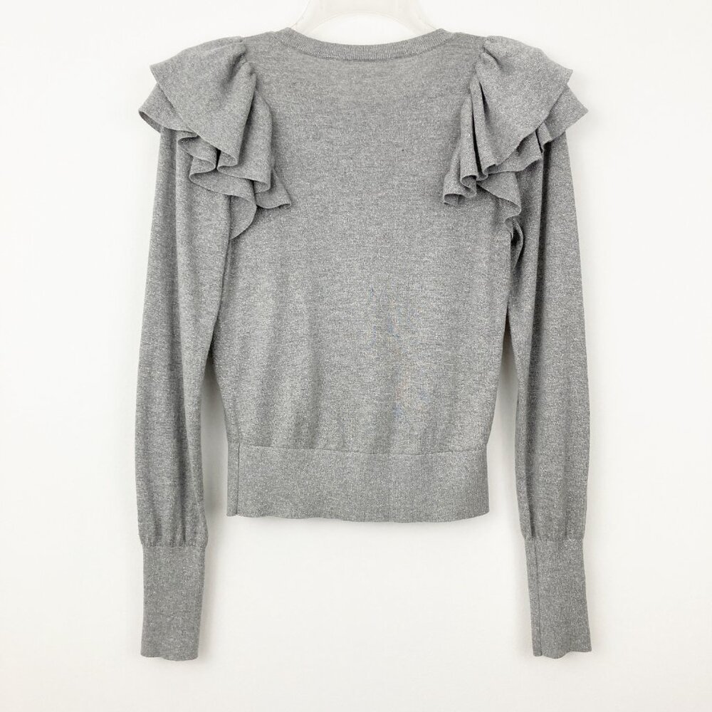 Veronica Beard Centre Ruffle Crewneck Metallic-knit Sweater Size S Gray Sparkle - Picture 4 of 10